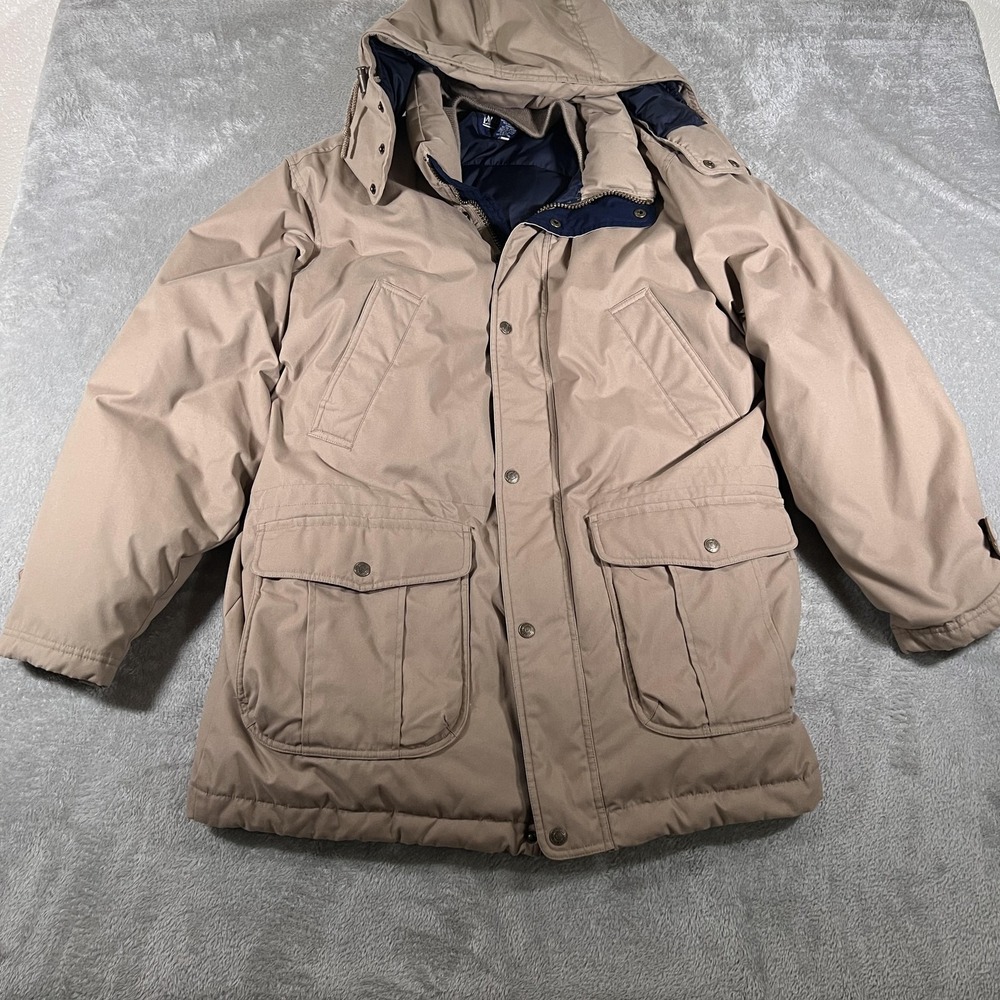 Lands' End Down Parka Jacket Mens Large 42-44 Tan Hooded Goose Insulated Puffer